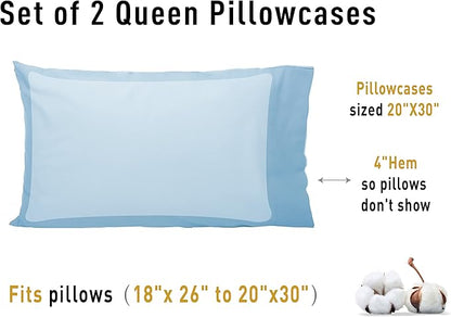 Sunflower Queen Pillowcases Set of 2, 100% Cotton Queen Pillow Cases 2, 20×30 inches Ashley Blue, Soft and Breathable