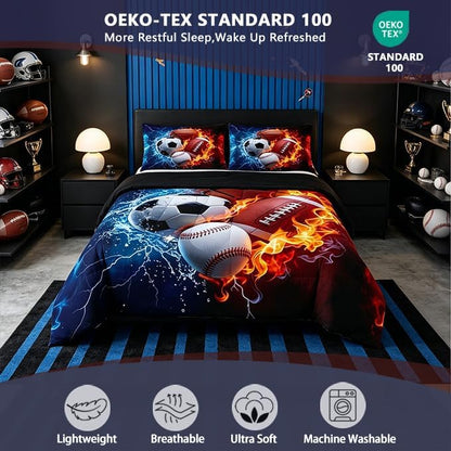 Feelyou Boys Sports Comforter Set King Size Football Baseball Soccer Bedding Set Basketball Duvet Quilt for Kids Boys Bedroom Ball Game Sports Decor Microfiber Ultra Soft Breathable