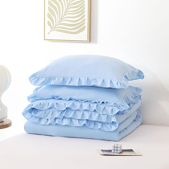 JANZAA Ruffle Light Blue Comforter Set Twin Size Comforter 3PCS 1 Emerald Comforter and 2 Pillowcases Vintage Farmhouse Shabby Chic Bedding Soft Fluffy Comforter Set All Season (Light Blue, Twin)