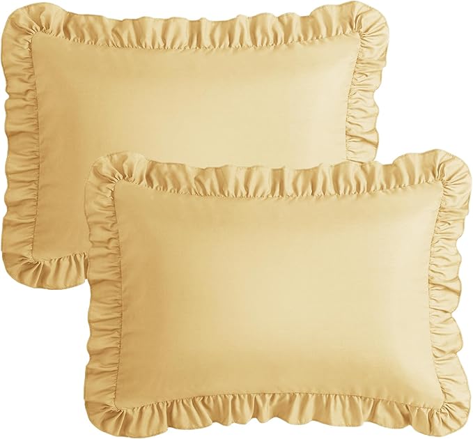 KKJIAF Ruffle Pillow Cases Standard Size Set of 2, Ruffled Pillow Covers with Envelope Closure, Wrinkle Resistant Ruffled Pillow Shams 20" x 26", Gold