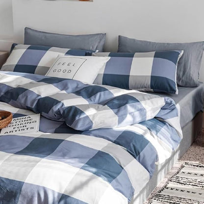 Plaid Comforter Set Blue White Checkered Bedding Comforter King Size Fluffy Soft Geometric Plaid Grid Comforter Set for All Seasons Farmhouse Bedding Set Checkered Pattern Comforter with 2 Pillowcases