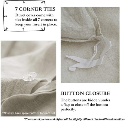Simple&Opulence 100% Linen Duvet Cover Set with Embroidery Border Washed - 3 Pieces (1 Duvet Cover with 2 Pillow Shams) with Button Closure Soft Breathable Farmhouse - Linen, Full Size