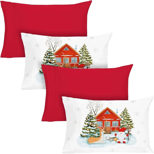 YIYEA Christmas King Size Pillow Cases Set of 4, Ultra Soft Double Brushed Microfiber Red Pillowcases and Christmas Pillow Covers, Envelope Closure, Fade Resistant (20"x36")