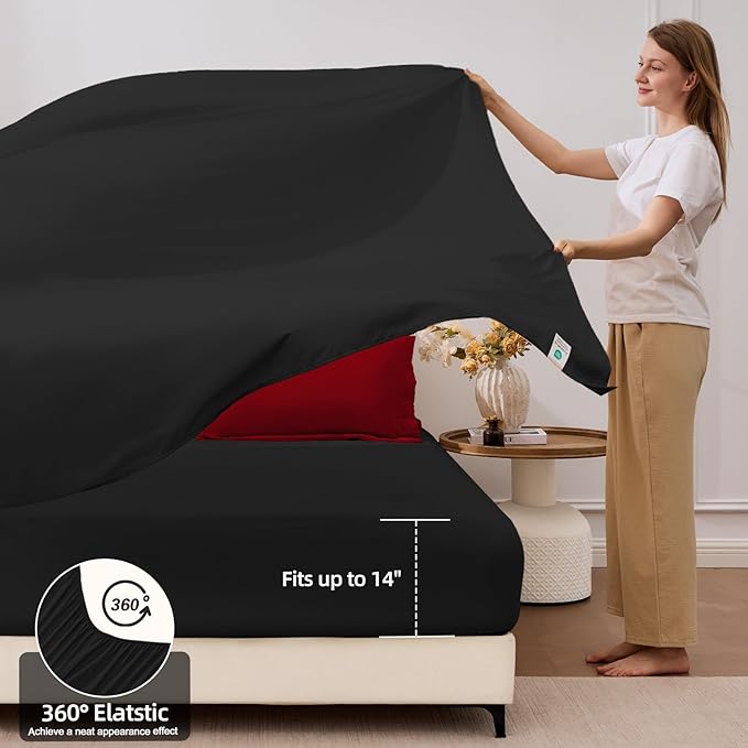 FUANNA 7 Pieces Full Size Comforter Sets, All Season Bedding Sets Full Size, Luxury Soft Bed in a Bag with Comforter, Flat Sheet, Fitted Sheet, Pillowcases & Pillow Shams, Red & Black