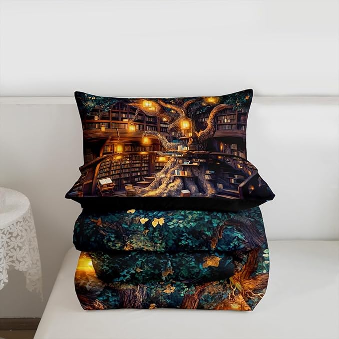 Mysterious Bookshelf Twin Size Comforter Set,Trees and Books Duvet Set Soft Bed Collection,Fantasy Fairy Tale Style Bedding Comforter for Boys Girls Bedroom,2 Pcs