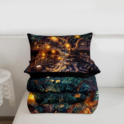 Mysterious Bookshelf Bedding Set for Boys Girls,Fantasy Fairy Tale Style All Season Cozy Comforter Set Full Size,Trees and Books Duvet Set Bedroom Decor,Festival Gifts