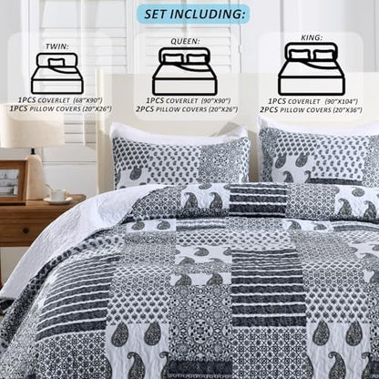 HIARUO Quilt Set Queen Size, 3 Pieces Bedspread Coverlet Plaid Patchwork Quilt Farmhouse Queen Size Comforter Set Lightweight Bedding with 2 Pillow Covers Shams for All Season Gray