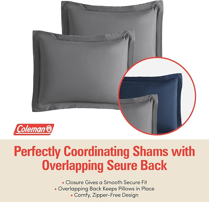 Coleman Queen Comforter Set Reversible Bed-in-a-Bag– Double-Sided Color Options, All-Season Comforter + Shams + Sheets – Perfect for Home, Cabin or Camp Use, Navy/Gray