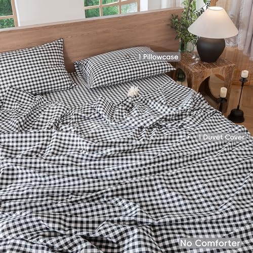 MooMee Gingham Duvet Cover Set 100% Washed Cotton Linen Like