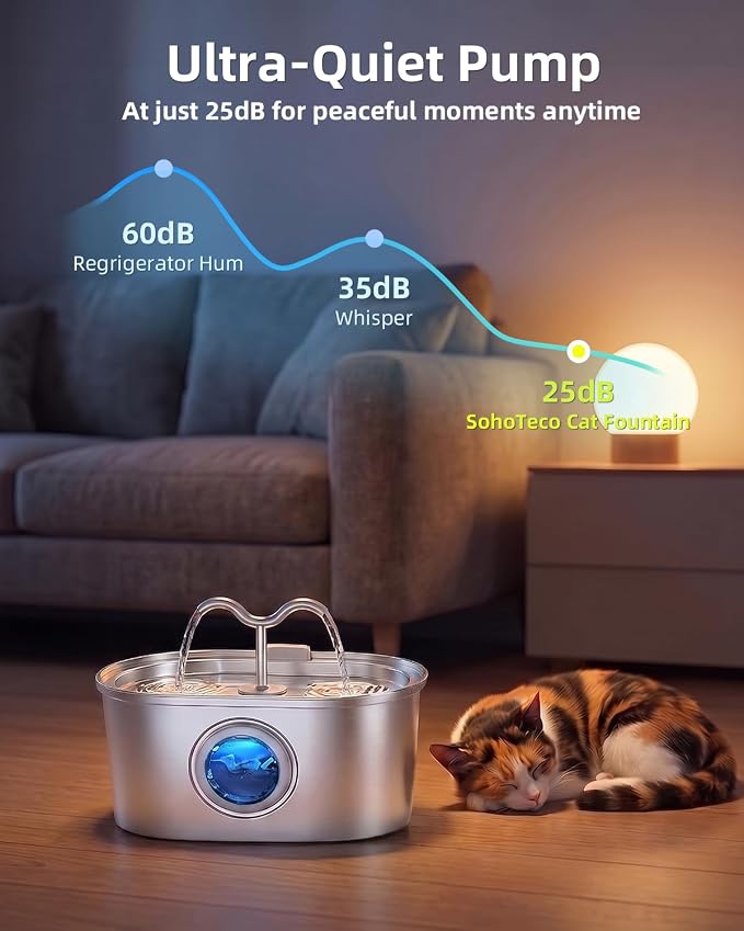 3.2L/108oz Stainless Steel Cat Water Fountain Pet Fountain | Automatic Pet Water Dispenser - Self-Designed Filtration System - Ultra-Quiet Pump - Easy Cleaning & Maintenance (3 Filters)