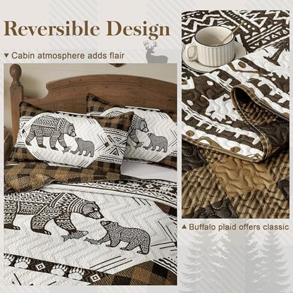 3 Piece Cabin King Size Quilt Sets Farmhouse Rustic Reversible Microfiber Soft Lightweight Bedspread Comforter with 2 Shams Patchwork Country Lodge Bedding Quilts Set for All Season, 106''x96'', Brown