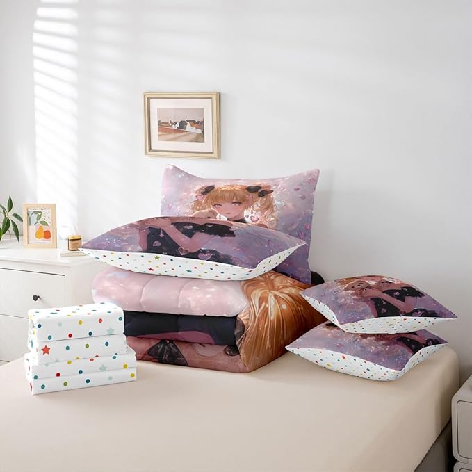 Erosebridal Bow Girls Bedding Set Pink Kawaii Cartoon Anime Kids Twin Comforter Set 7 Piece,Romantic Aesthetic Princess Bed in A Bag Japanese Style Girl Bed Set