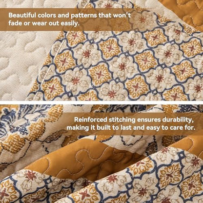 Bohemian Queen Size Quilt Comforter Sets 3 Pieces Quilts (1 Quilt, 2 Pillow Shams) Nordic Bedding Set Printed Coverlet with Pillowcase Lightweight Bedspread Set for All Seasons(Yellow)
