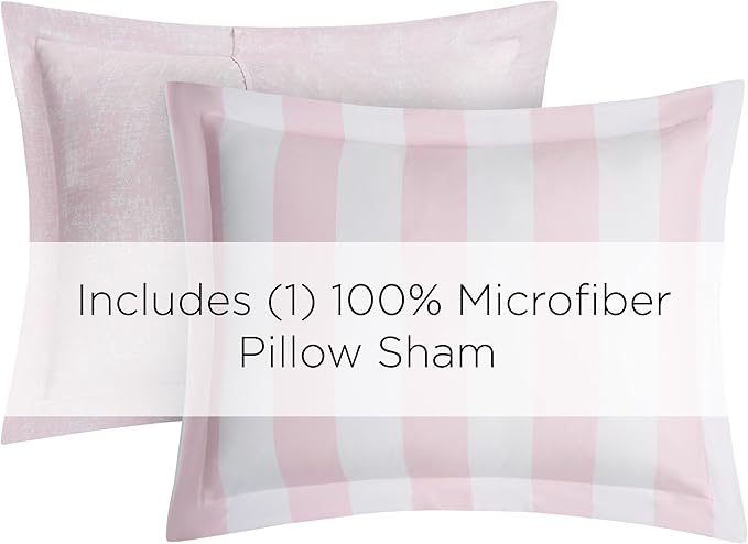 Juicy Couture Cabana Stripe Reversible Bedding Set - Twin/Twin XL Size - Dogwood Pink/White Stripe Print - 5 Piece Set - Includes 1 66" x 90" Comforter, 3 Decorative Pillows, 1 Sham