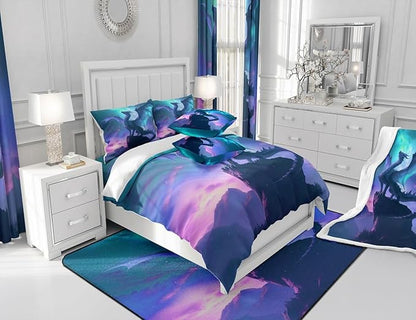 Dragon Comforter Set Queen Size,Blue Purple Nebula Galaxy Bedding Set for Kids Boys Girls Room Decor,Mountain Wildlife Nature Duvet Insert 3Pcs,Western Magical Dragon Soft Quilt Set,2 Pillowcases