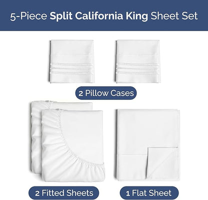 Split California King Bed Sheet Set - 5 Piece Split Cal King Size Sheets - Ultra-Soft, Breathable & Cooling - Comfy, Wrinkle & Fade Resistant - Fits 8" to 16" Inch Mattress with Deep Pockets - White