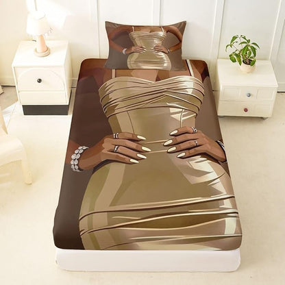 Erosebridal Fashion Black Woman Fitted Sheet for Kids Vogue Black Girls Twin Bedding Set Fashionable Gorgeous Bed Sheets for Girls Women Teens Romantic Fashion Theme Sheets with 1 Pillow Case