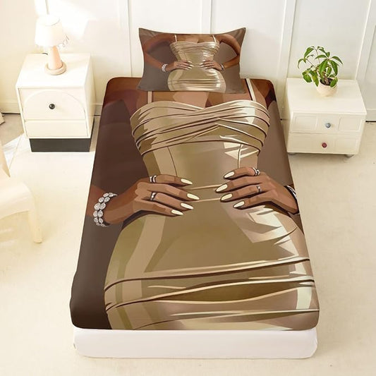 Erosebridal Fashion Black Woman Fitted Sheet for Kids Vogue Black Girls Twin Bedding Set Fashionable Gorgeous Bed Sheets for Girls Women Teens Romantic Fashion Theme Sheets with 1 Pillow Case