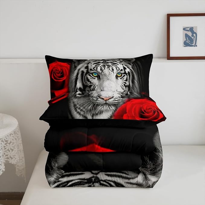 Castle Fairy Tiger Flower Bedding Set King Size 3D Africa Tiger Animal Comforter Set for Kids Teens Room Decor Red Rose Floral Duvet Insert Tiger Wildlife Down Comforter Set,3Pcs