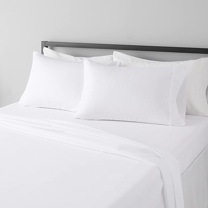 Basics Lightweight Super Soft Breathable Wrinkle-Resistant Microfiber 4-Piece Bed Sheet Set with 14-Inch Deep Pockets, Queen, Bright White, Solid