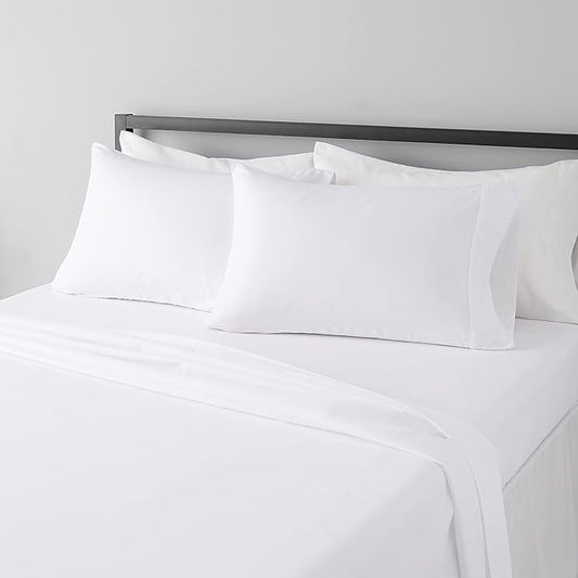Basics Lightweight Super Soft Breathable Wrinkle-Resistant Microfiber 4-Piece Bed Sheet Set with 14-Inch Deep Pockets, Queen, Bright White, Solid