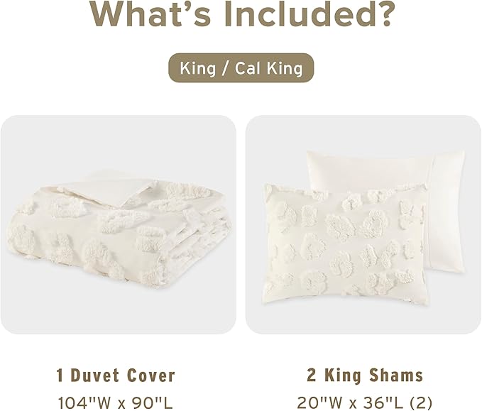 Intelligent Design King Duvet Cover Set Chenille Tufted Animal Print Pattern Duvet Cover King Size, All Season Fuzzy Bedding Cover, Soft Microfiber Reverse, Larissa, King/Cal King Off-White 3 Piece
