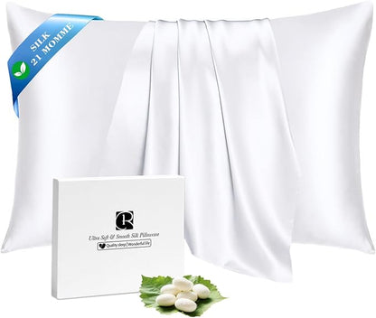 Ravmix 100% Silk Pillow Case with Zipper, 21momme Mulberry Silk Pillowcase for Hair Skin Health, Soft Smooth Breathable Cool Pillow Cover for Beauty Sleep 1PC(King 20×36inches, Pure White)
