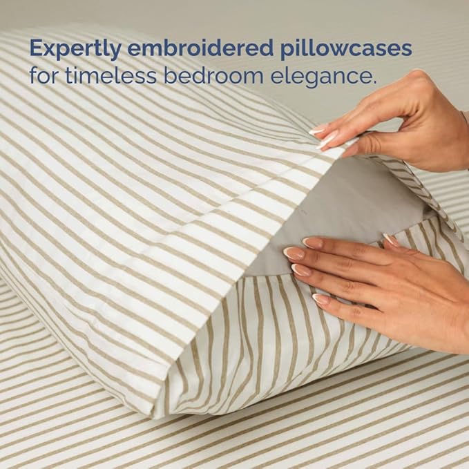 Full XL Bed Sheet - 4 Piece Full XL Bed Sheets Set - Soft, Breathable & Cooling - Hotel Luxury Bedding for Women, Men, Kids, Teens, Boys & Girls - Deep Pockets, Fade and Wrinkle Free - Beige Stripes