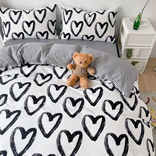 Wellboo Love Comforter Sets Twin Black and White Bedding Comforters Cotton Women Girls Heart Shaped Bed Quilts Brush Ink Love Pattern Quilts Adults Girls Modern Kawaii Black White Dorm Comforters