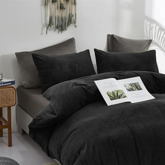 Houseri Black Velvet Comforter Set - Full Size, Fluffy Bedding Sets with Fuzzy Comforter, Sherpa Comforter, Soft Warm Comfy Flannel Comforters