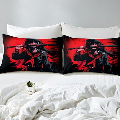 Erosebridal Japanese Anime Bedding Set for Kids, Anime Girl Comforter Set Full Size Japanese Girl Duvet Insert for Girls Teens Adult Room, Kawaii Animation Red Black Quilt, Machine Washable