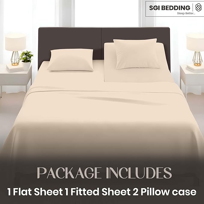 SGI bedding Adjustable Split Head Flex Top King 34" Microfiber Sheet Set – Ultra Soft, Cooling & Deep Pocket 15” Fitted, 4-Piece Breathable & Durable Bedding Set for Split King Beds -Beige