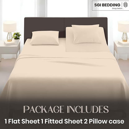 SGI bedding Adjustable Split Head Flex Top King 34" Microfiber Sheet Set – Ultra Soft, Cooling & Deep Pocket 15” Fitted, 4-Piece Breathable & Durable Bedding Set for Split King Beds -Beige