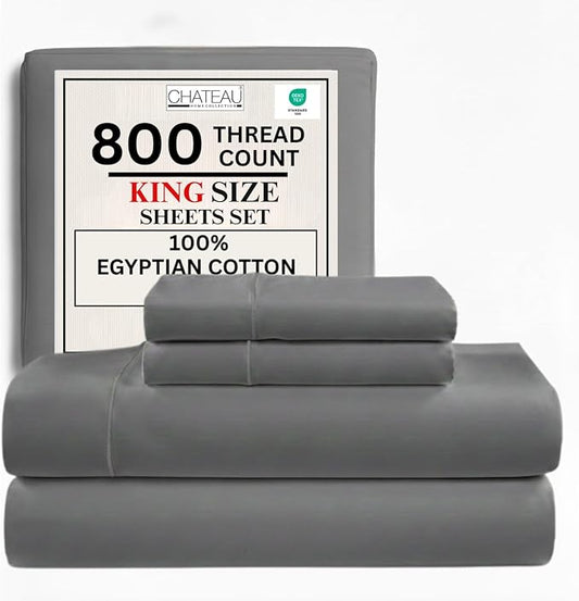 100% Cotton Sheets King Size Sheets Set with Fitted Sheet & Pillowcase Sets, 800 Thread Count Sateen Weave 4 piece 15" Deep Pocket King Sheet Set, Soft & Comfy Naturally Cool Luxury Bedding- Charcoal