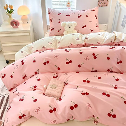 Nayoroom Duvet Cover Queen Size - Reversible Pink Bow Red Cherry Patterned Duvet Cover, 3 Pieces Soft Lightweight Microfiber Kids Girls Cute Aesthetic Dorm Bedding Set