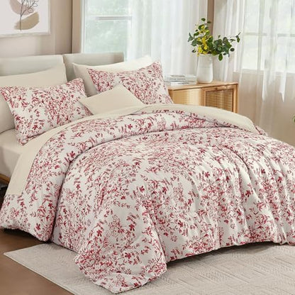 8 Pieces Floral Comforter Set Queen Size Red Bed in a Bag Bedding Set