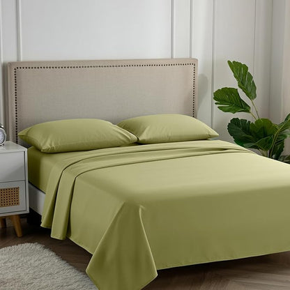 Carressa Linen 100% Egyptian Cotton Queen Sheet Set - Striped 600 Thread Count Egyptian Cotton Sheets Queen Size (Herb Garden), Silky Soft, Cooling, Sateen Weave 16" Deep Pocket Damask Hotel Sheet
