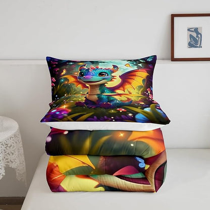 Castle Fairy Cartoon Dragon Bedding Set Full Size Polka Dot Mushroom Comforter Set for Kids Teens Room Decor Cute Western Dragon Duvet Insert Fantasy Jungle Butterfly Down Comforter Set,3Pcs