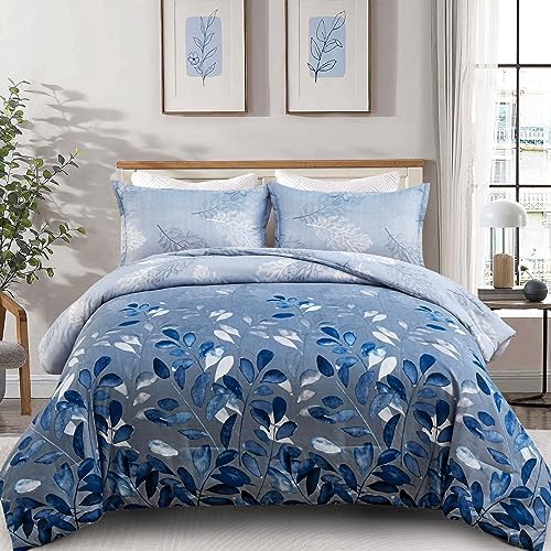 DJY Blue Comforter Set King, Navy Botanical Leaves Comforter for King Bed 3 Pieces Reversible Floral Bed Comforter Sets Soft Microfiber Bedding Set for All Season (104"x90")