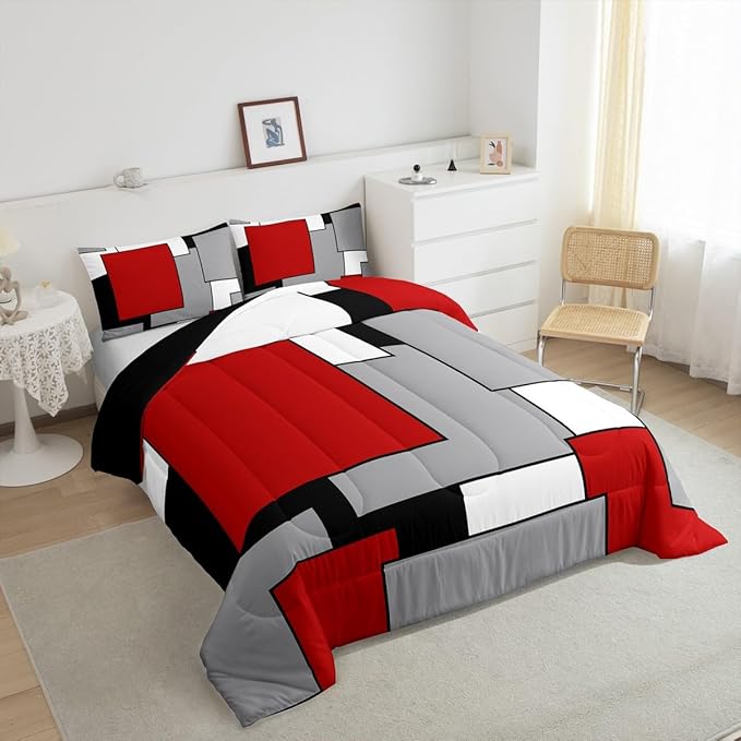 Erosebridal Red Grey Black White Comforter Set for Women Men,3D Modern Square Bedding Set King Size,Geometric Quilt Set,Square Grid Patchwork Down Comforter with 2 Pillowcases Ultra Soft