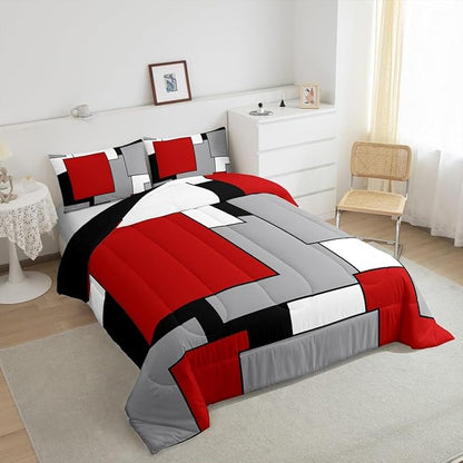 Erosebridal Red Grey Black White Comforter Set for Women Men,3D Modern Square Bedding Set Queen,Geometric Quilt Set,Square Grid Patchwork Down Comforter with 2 Pillowcases Ultra Soft