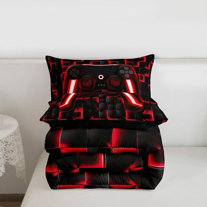 Erosebridal Gamer King Bedding Sets for Boys Geometric Gaming Kids Comforter Red and Black Checkered Gamepad Comforter Set for Teen Men,Video Game Bed Set Neon Lights Game Controller for Boys Room