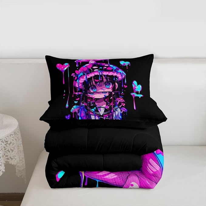 Erosebridal Mushroom Girl Comforter Set for Kids Boys Girls 3D Japanese Girly Bedding Watercolor Graffiti Duvet Set Cute Anime Gifts Comforter Queen with 2 Pillowcases