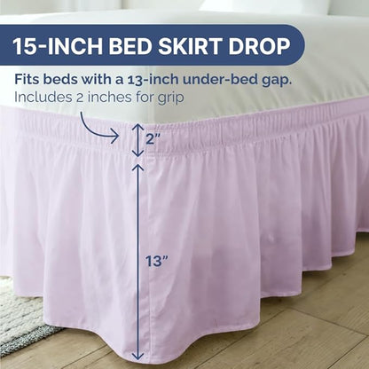 Wrap Around Dust Ruffle Bed Skirt - Light Lavender - for Queen Size Beds w/ 15 Inch Drop - Easy Fit Elastic Strap - Adjustable Pleated Bedskirt w/Brushed Fabric Wrinkle Free, Women, Men, Kids & Teens