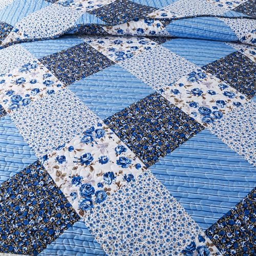HoneiLife Quilt Set King Size - 3 Piece Microfiber Quilts Reversible Bedspreads Patchwork Coverlets Floral Bedding Set All Season Quilts with Blue and White Porcelain Pattern