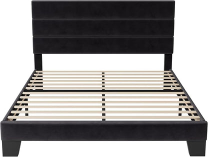 Allewie Queen Size Platform Bed Frame with Velvet Upholstered Headboard | Wooden Slats Support, Fully Upholstered Mattress Foundation, No Box Spring Needed, Easy Assembly, Noise-Free, Black