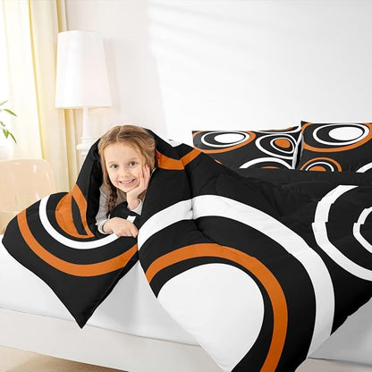 Erosebridal Orange Black Abstract Toddler Comforter Modern Striped Circles Bedding Set Boho Geometric Art Aesthetic Duvet Insert Minimalist Black White Abstract Bed Sets