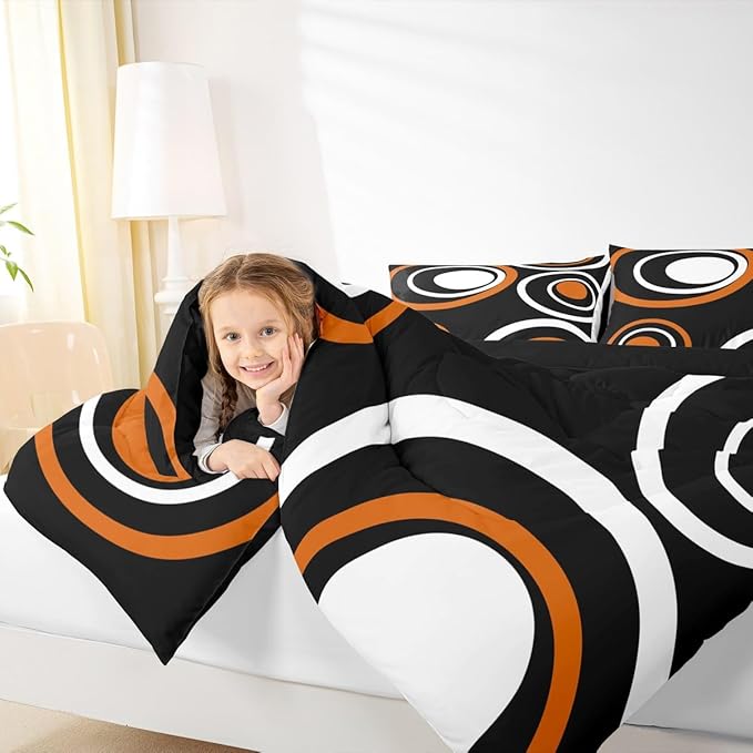 Erosebridal Orange Black Abstract King Bedding Set Modern Striped Circles Comforter Set for Adult Women Men Boho Geometric Art Aesthetic Bed Collections Minimalist Black White Abstract Quilt Sets
