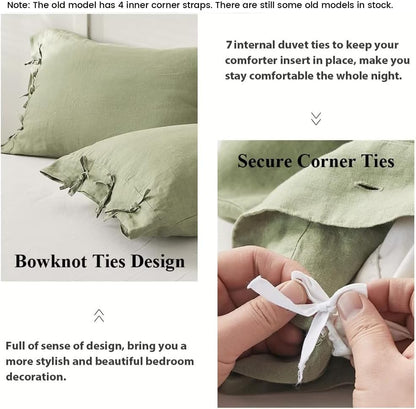 Simple&Opulence 100% Linen Duvet Cover Set 3pcs with Bowknot Ties Closure Natural French Washed Flax Solid Color Soft Breathable Farmhouse Bedding - Sage Green, King Size