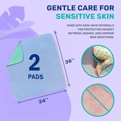 Hearth & Harbor Incontinence Bed Pads Washable Waterproof 34”x36”, Washable Pee Pads for Adults, Elderly, Kids & Pets, Heavy Absorbency Pads for Beds for Incontinence Adults, 2 Pack Reusable Underpads